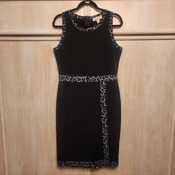 nwot Michael Kors Black Dress with Animal Print Accents Sz L - Picture 2 of 5